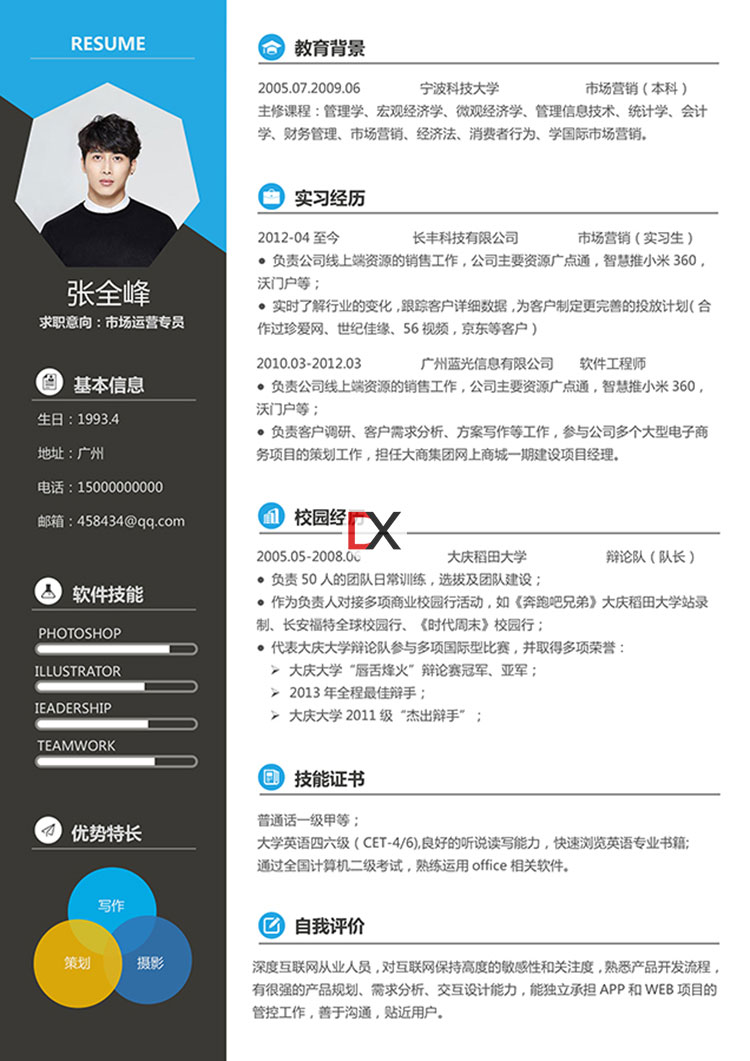 市场运营专员简历模板封面